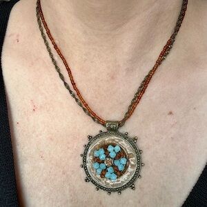 Handcrafted Vintage Boho Turquoise Amber Beaded Medallion Pendant Necklace